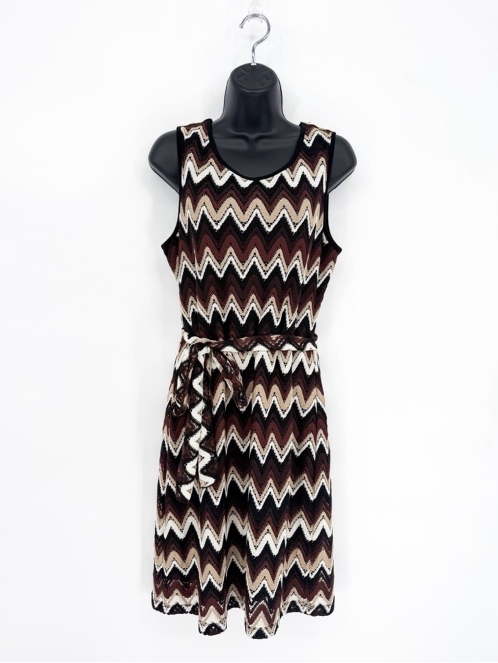☀️ 3/$25 Voir Voir Neutral Beachy Chevron Zig-Zag Crochet Knee Length Dress 8